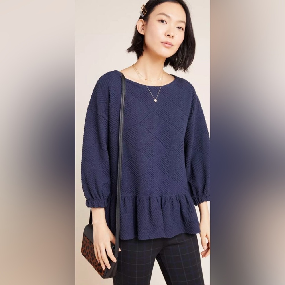Maeve by Anthropologie Women’s Mikayla Peplum Textured Top Navy Blue Size Small